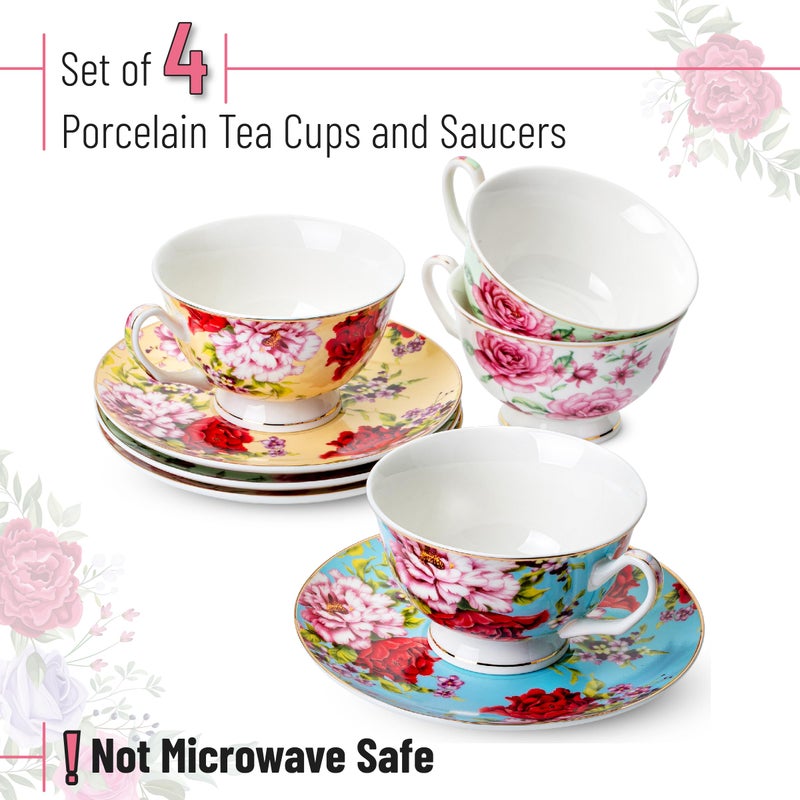 Brew To A Tea BTaT- Floral Tea Cups and Saucers with Gift Box, 8 oz, Tea Cups Set of 4 - Image 2