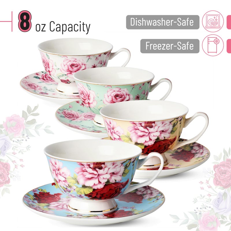 Brew To A Tea BTaT- Floral Tea Cups and Saucers with Gift Box, 8 oz, Tea Cups Set of 4 - Image 3