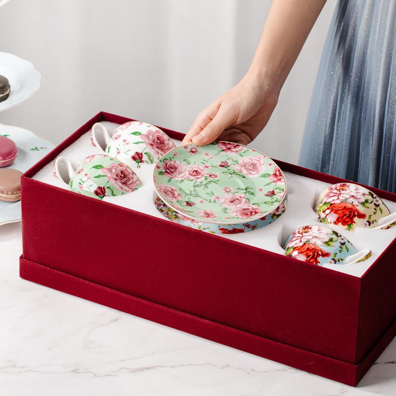Brew To A Tea BTaT- Floral Tea Cups and Saucers with Gift Box, 8 oz, Tea Cups Set of 4 - Image 5