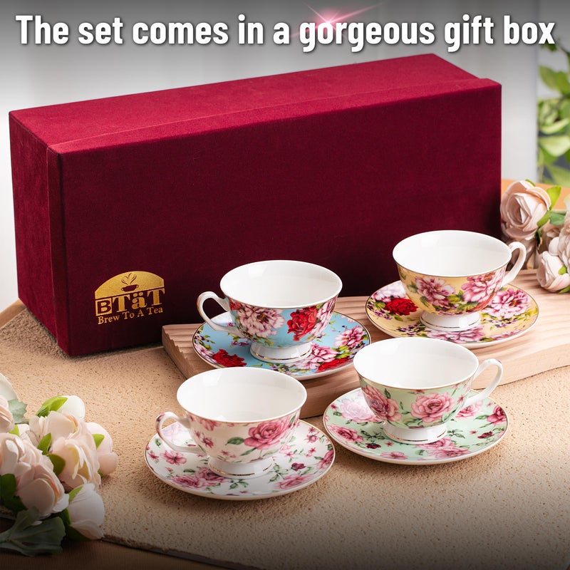 Brew To A Tea BTaT- Floral Tea Cups and Saucers with Gift Box, 8 oz, Tea Cups Set of 4 - Image 4