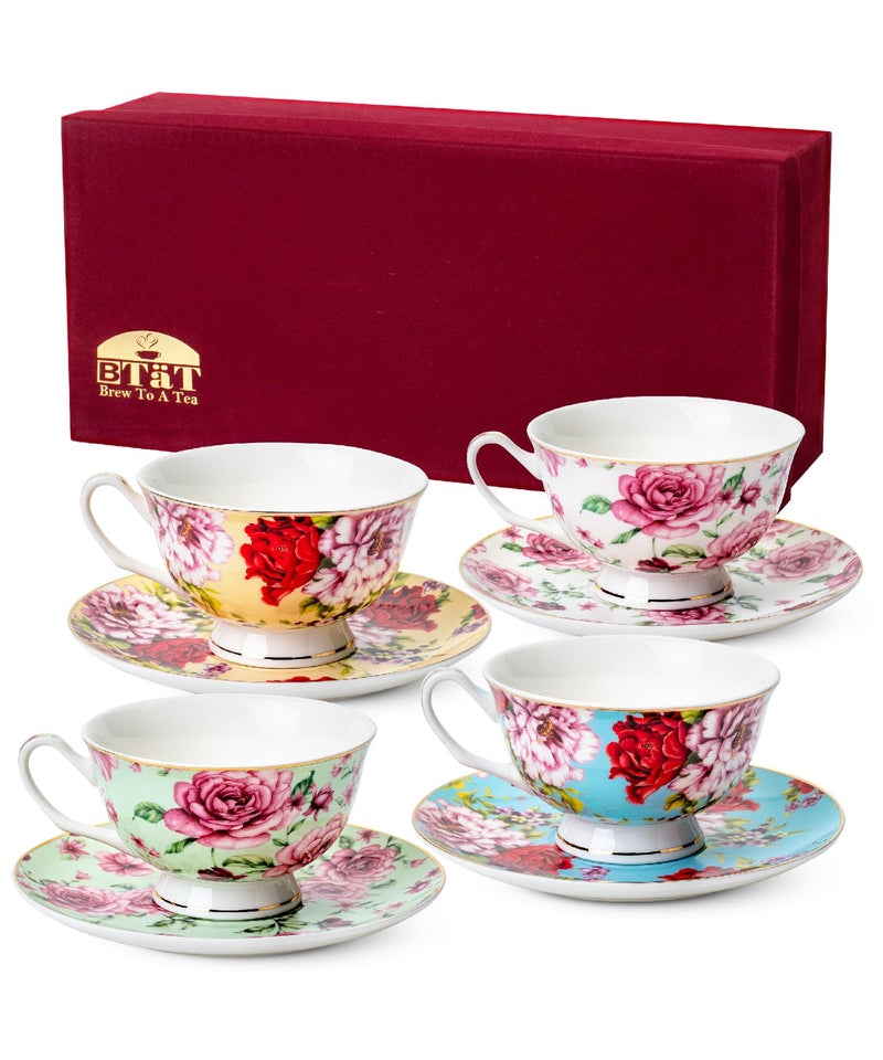 Brew To A Tea BTaT- Floral Tea Cups and Saucers with Gift Box, 8 oz, Tea Cups Set of 4 - Image 1
