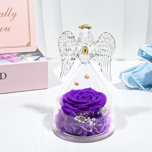 Yamonic Mom Birthday Gifts for Mom Grandma, Angel Figurines with Real Rose Gifts for Women Moms, Preserved Flowers Rose Glass Angel for Mothers Day Christmas Valentine's Day Gifts for Her(Purple) - Image 4