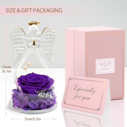 Yamonic Mom Birthday Gifts for Mom Grandma, Angel Figurines with Real Rose Gifts for Women Moms, Preserved Flowers Rose Glass Angel for Mothers Day Christmas Valentine's Day Gifts for Her(Purple) - Image 5