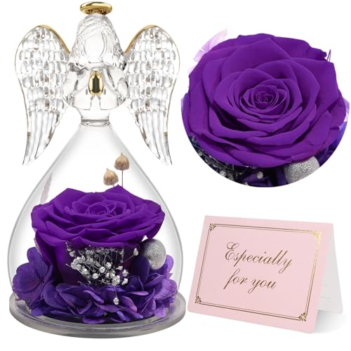 Yamonic Mom Birthday Gifts for Mom Grandma, Angel Figurines with Real Rose Gifts for Women Moms, Preserved Flowers Rose Glass Angel for Mothers Day Christmas Valentine's Day Gifts for Her(Purple) - Image 1