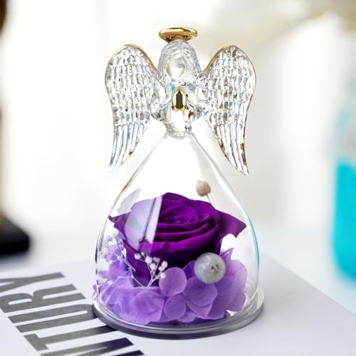 Yamonic Mom Birthday Gifts for Mom Grandma, Angel Figurines with Real Rose Gifts for Women Moms, Preserved Flowers Rose Glass Angel for Mothers Day Christmas Valentine's Day Gifts for Her(Purple) - Image 3