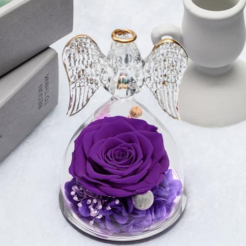 Yamonic Mom Birthday Gifts for Mom Grandma, Angel Figurines with Real Rose Gifts for Women Moms, Preserved Flowers Rose Glass Angel for Mothers Day Christmas Valentine's Day Gifts for Her(Purple) - Image 2
