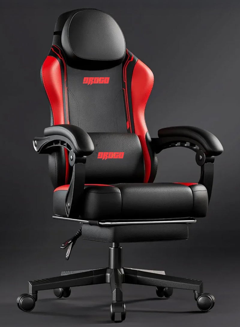 دراجو كرسي ألعاب مريح فاخر، كرسي ألعاب فيديو مع مسند ذراع ومسند للقدمين ومقعد قابل للتعديل، كرسي كمبيوتر من جلد البولي يوريثان، وسادة أسفل الظهر للرأس والتدليك، كرسي منزلي ومكتبي مع إمكانية الاستلقاء، أسود وأحمر - Image 1