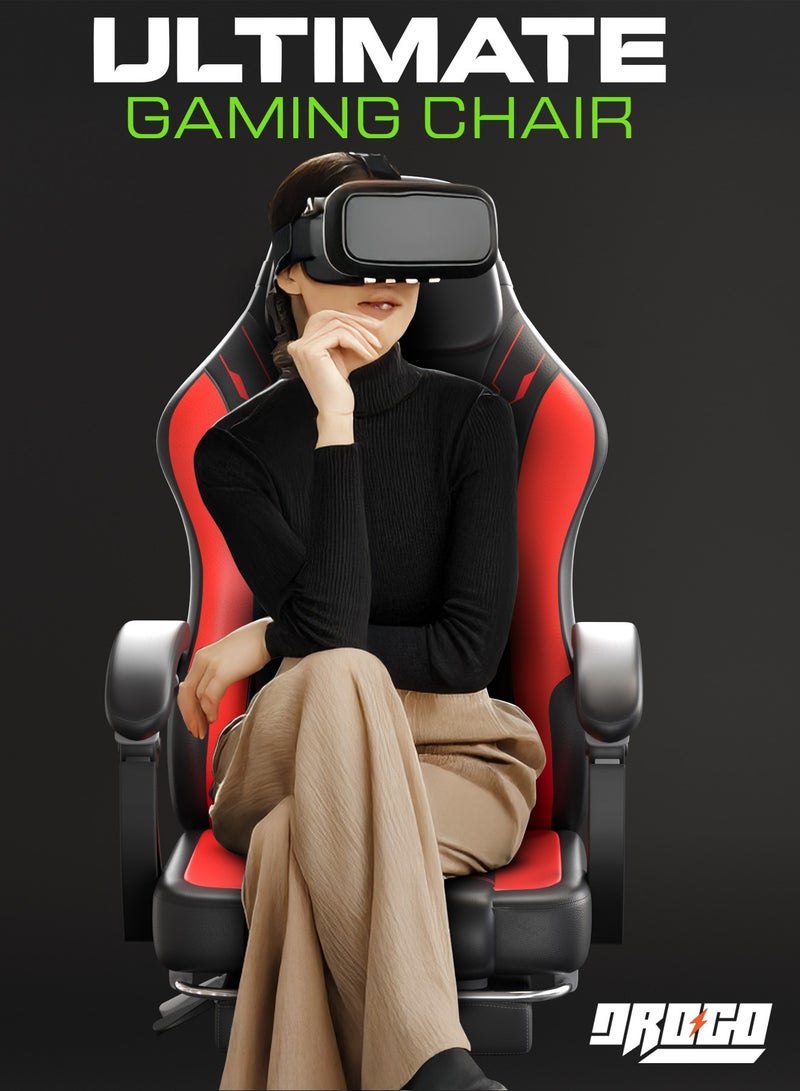 دراجو كرسي ألعاب مريح فاخر، كرسي ألعاب فيديو مع مسند ذراع ومسند للقدمين ومقعد قابل للتعديل، كرسي كمبيوتر من جلد البولي يوريثان، وسادة أسفل الظهر للرأس والتدليك، كرسي منزلي ومكتبي مع إمكانية الاستلقاء، أسود وأحمر - Image 2