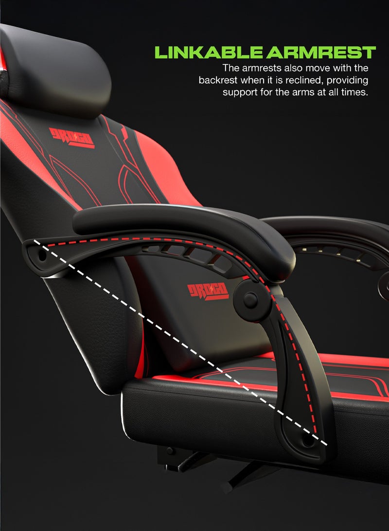 دراجو كرسي ألعاب مريح فاخر، كرسي ألعاب فيديو مع مسند ذراع ومسند للقدمين ومقعد قابل للتعديل، كرسي كمبيوتر من جلد البولي يوريثان، وسادة أسفل الظهر للرأس والتدليك، كرسي منزلي ومكتبي مع إمكانية الاستلقاء، أسود وأحمر - Image 5