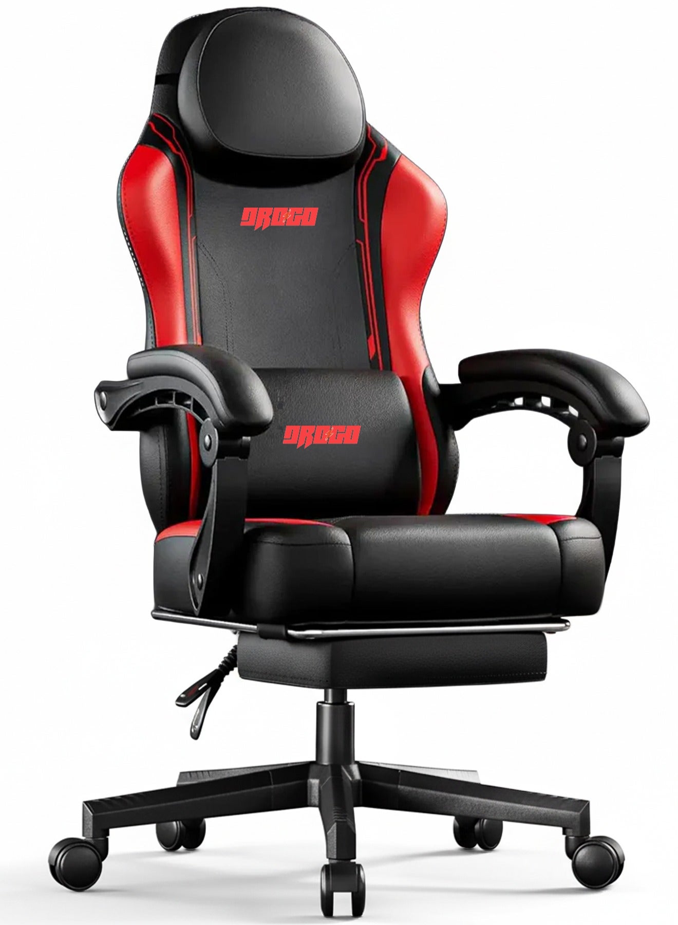 Premium Ergonomic Gaming Chair, Video Game Chair with Linkage Armrest, Footrest & Adjustable Seat, Computer Chair with PU Leather, Head & Massager Lumbar Pillow Home & Office Chair with Recline Black Red