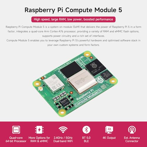 Waveshare CM5 Waveshare وحدة حساب Raspberry Pi 5، تأتي مع Raspberry Pi CM5104032 الرسمي (مع واي فاي، 4 جيجابايت RAM، 32 جيجابايت eMMC فلاش)، مجموعة هوائيات ومشتت حراري. (3 عناصر) - Image 3