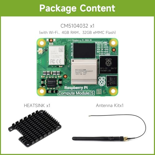Waveshare CM5 Waveshare وحدة حساب Raspberry Pi 5، تأتي مع Raspberry Pi CM5104032 الرسمي (مع واي فاي، 4 جيجابايت RAM، 32 جيجابايت eMMC فلاش)، مجموعة هوائيات ومشتت حراري. (3 عناصر) - Image 2