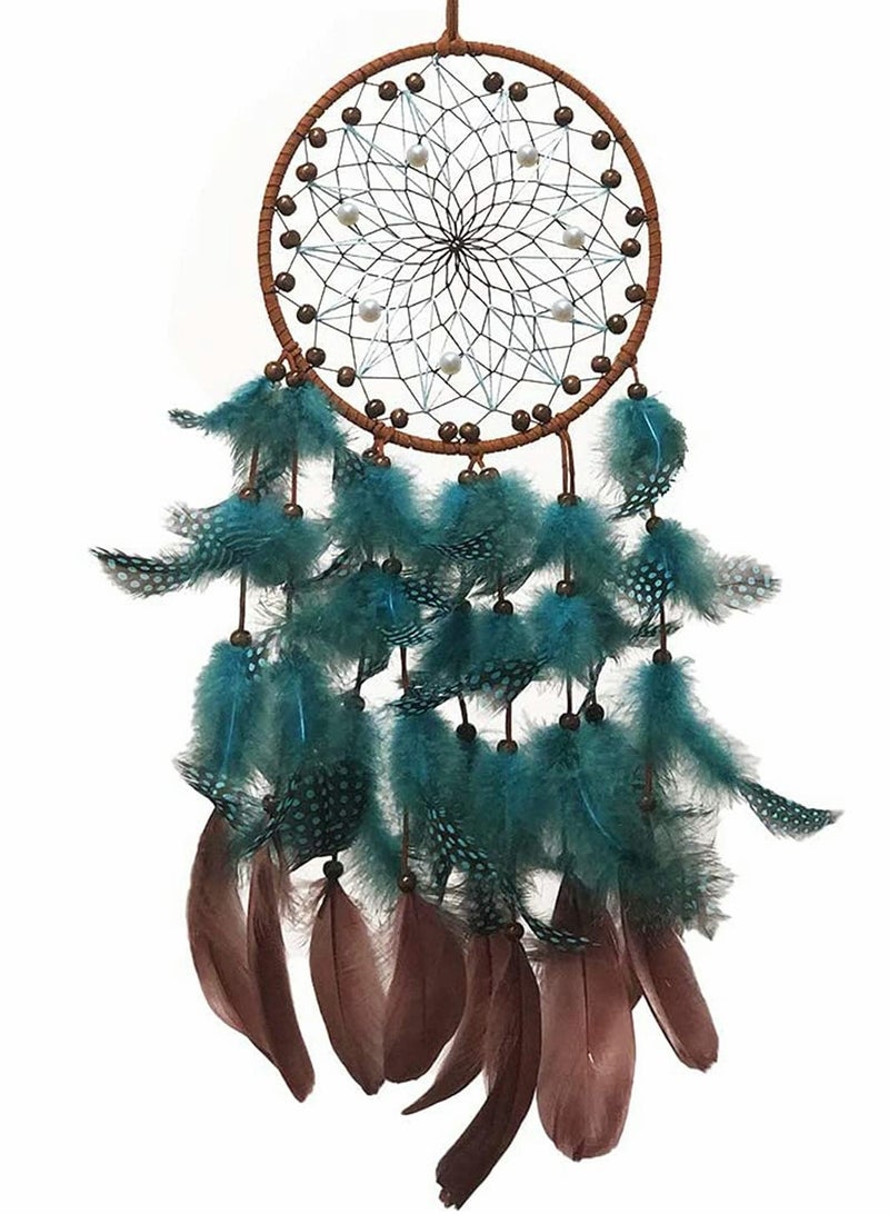 SOLARAE Blue Dream Catchers, Boho Handmade Pearl and Wooden Beads Blue Feather Traditional Circular Net for Wall Hanging Decor, Art Ornament Craft Gift, Outdoor Garden Decor, Home Decoration - Image 1