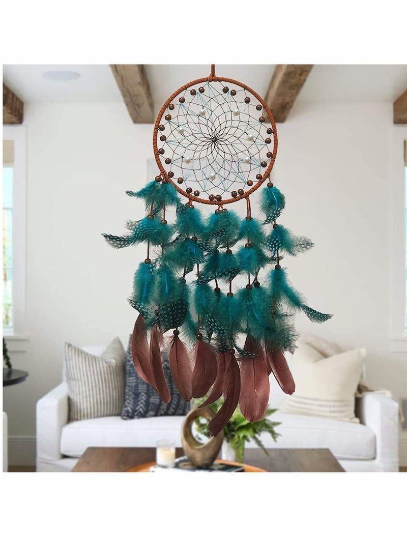SOLARAE Blue Dream Catchers, Boho Handmade Pearl and Wooden Beads Blue Feather Traditional Circular Net for Wall Hanging Decor, Art Ornament Craft Gift, Outdoor Garden Decor, Home Decoration - Image 2