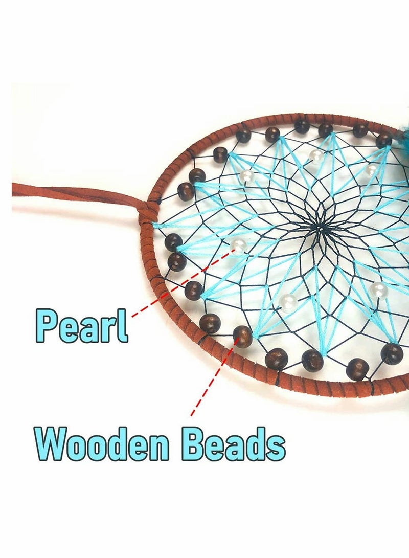 SOLARAE Blue Dream Catchers, Boho Handmade Pearl and Wooden Beads Blue Feather Traditional Circular Net for Wall Hanging Decor, Art Ornament Craft Gift, Outdoor Garden Decor, Home Decoration - Image 3