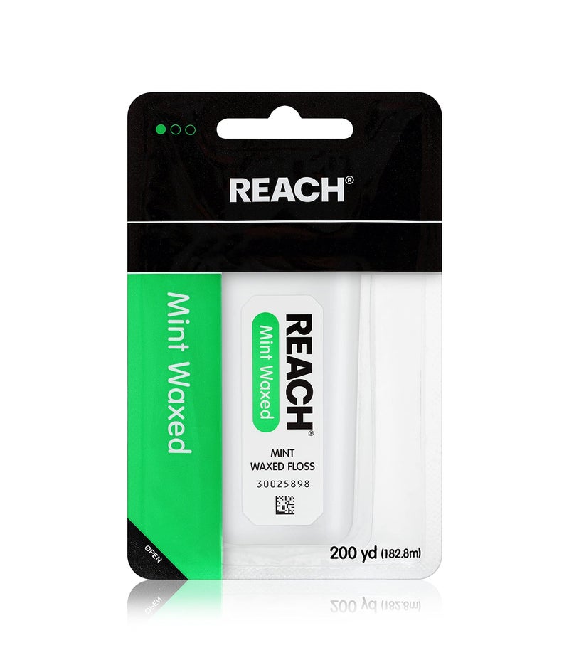 REACH خيط تنظيف الأسنان الشمعي من ريتش | إزالة فعالة للبلاك، سطح تنظيف عريض إضافي | مقاومة للتقطيع والتوتر، ينزلق بسلاسة وسهولة، خالي من PFAS | بنكهة النعناع، 200 ياردة، عبوة واحدة - Image 1