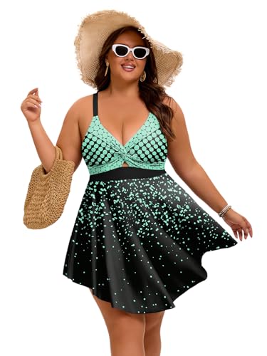 Arolina Plus Size Bathing Suits for Women 2026 Flowy Swim Dress with Boyshorts Modest Swimsuit Built in Bra Swimwear for Swimming Pool Green Polka Dots 4X - Image 4