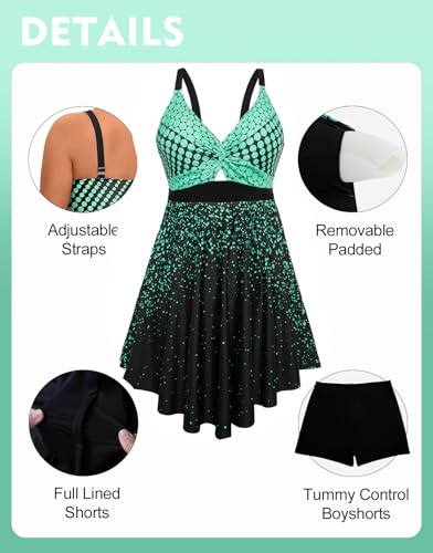 Arolina Plus Size Bathing Suits for Women 2026 Flowy Swim Dress with Boyshorts Modest Swimsuit Built in Bra Swimwear for Swimming Pool Green Polka Dots 4X - Image 3