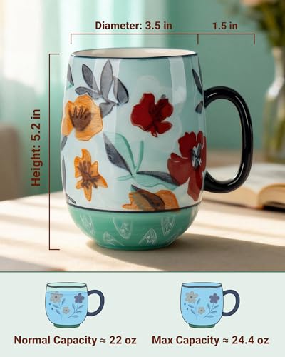 Moqidadii Large 24oz Ceramic Coffee Mug with Handle for Coffee or Tea, Hand-Painted Floral Pottery Mug for Women, Durable Microwave & Dishwasher Safe, Christmas Gift for Family, Holiday & Fall Decor - Image 3