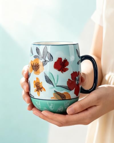 Moqidadii Large 24oz Ceramic Coffee Mug with Handle for Coffee or Tea, Hand-Painted Floral Pottery Mug for Women, Durable Microwave & Dishwasher Safe, Christmas Gift for Family, Holiday & Fall Decor - Image 2