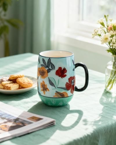 Moqidadii Large 24oz Ceramic Coffee Mug with Handle for Coffee or Tea, Hand-Painted Floral Pottery Mug for Women, Durable Microwave & Dishwasher Safe, Christmas Gift for Family, Holiday & Fall Decor - Image 5
