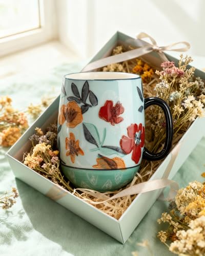 Moqidadii Large 24oz Ceramic Coffee Mug with Handle for Coffee or Tea, Hand-Painted Floral Pottery Mug for Women, Durable Microwave & Dishwasher Safe, Christmas Gift for Family, Holiday & Fall Decor - Image 4