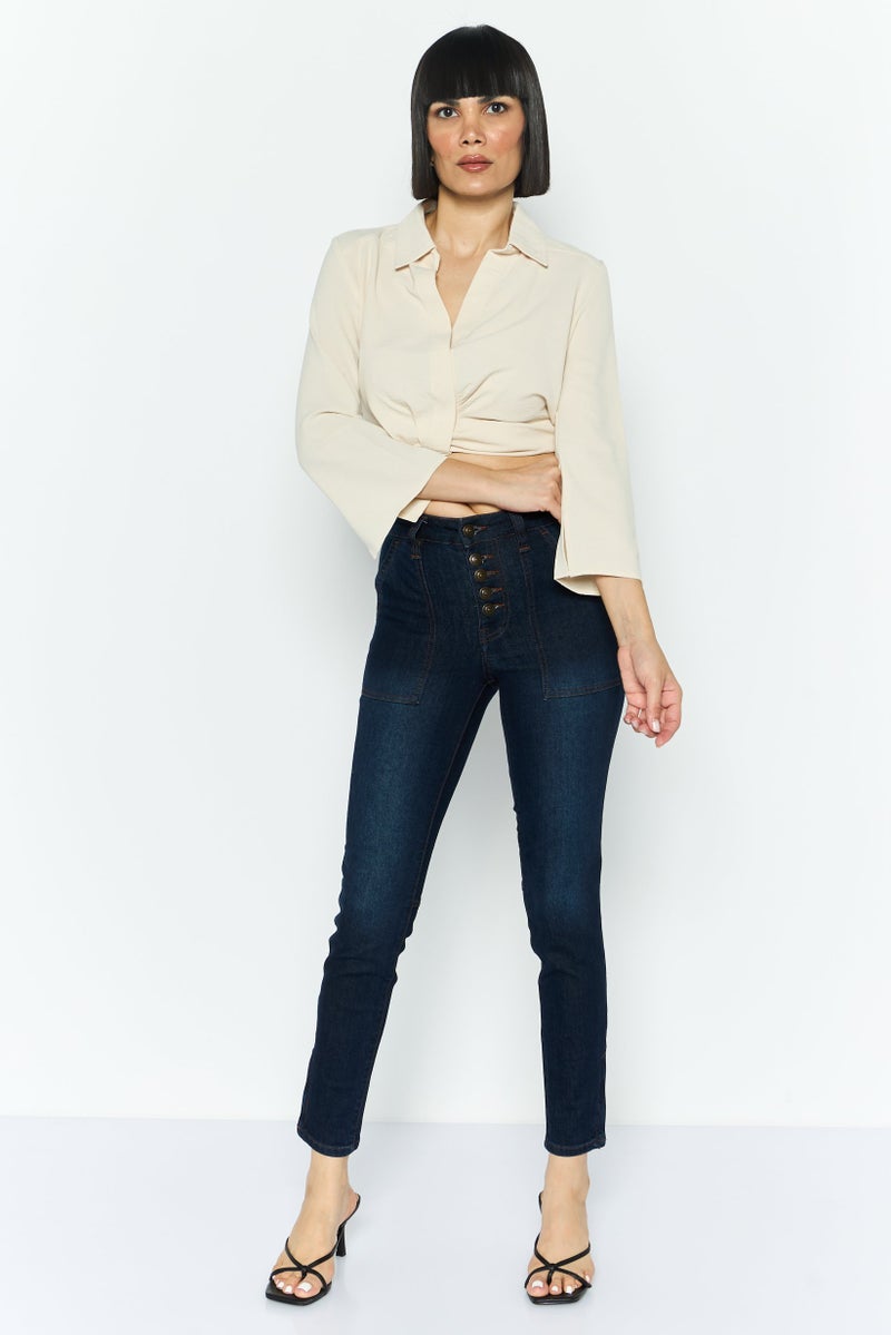 joie Women Skinny Fit Washed Stretchable Straight Leg Denim, Navy Blue - Image 3