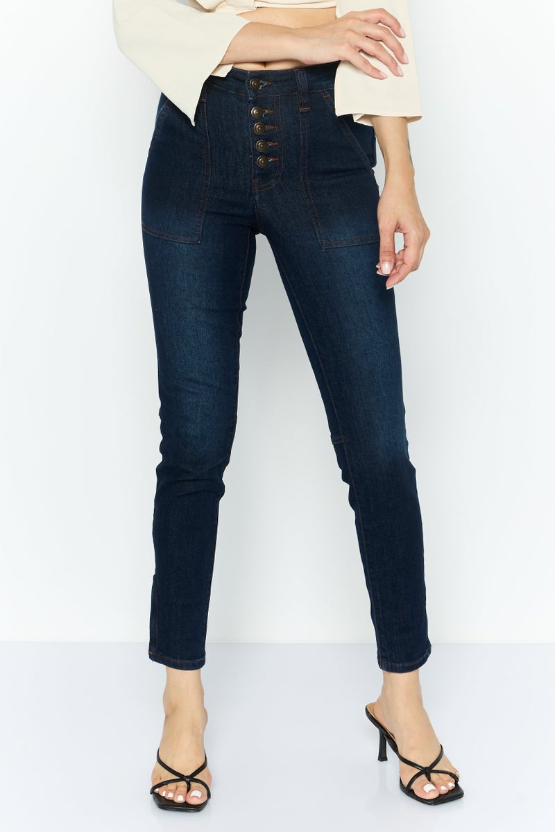 joie Women Skinny Fit Washed Stretchable Straight Leg Denim, Navy Blue - Image 1