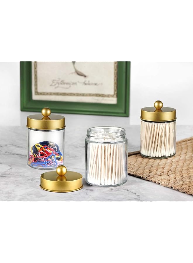 إيروريكس منظم تخزين الحمامات من أوعية الصيدلة، منظم تخزين سطح الطاولة، وعاء بلاستيكي، حامل موزع أعواد قطنية لطيف، زجاج مع غطاء لمسحات القطن، أملاح الاستحمام، رباط الشعر، عبوة من قطعتين باللون الذهبي - Image 4