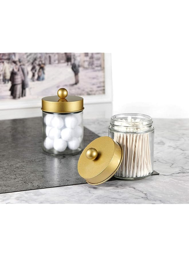 إيروريكس منظم تخزين الحمامات من أوعية الصيدلة، منظم تخزين سطح الطاولة، وعاء بلاستيكي، حامل موزع أعواد قطنية لطيف، زجاج مع غطاء لمسحات القطن، أملاح الاستحمام، رباط الشعر، عبوة من قطعتين باللون الذهبي - Image 5