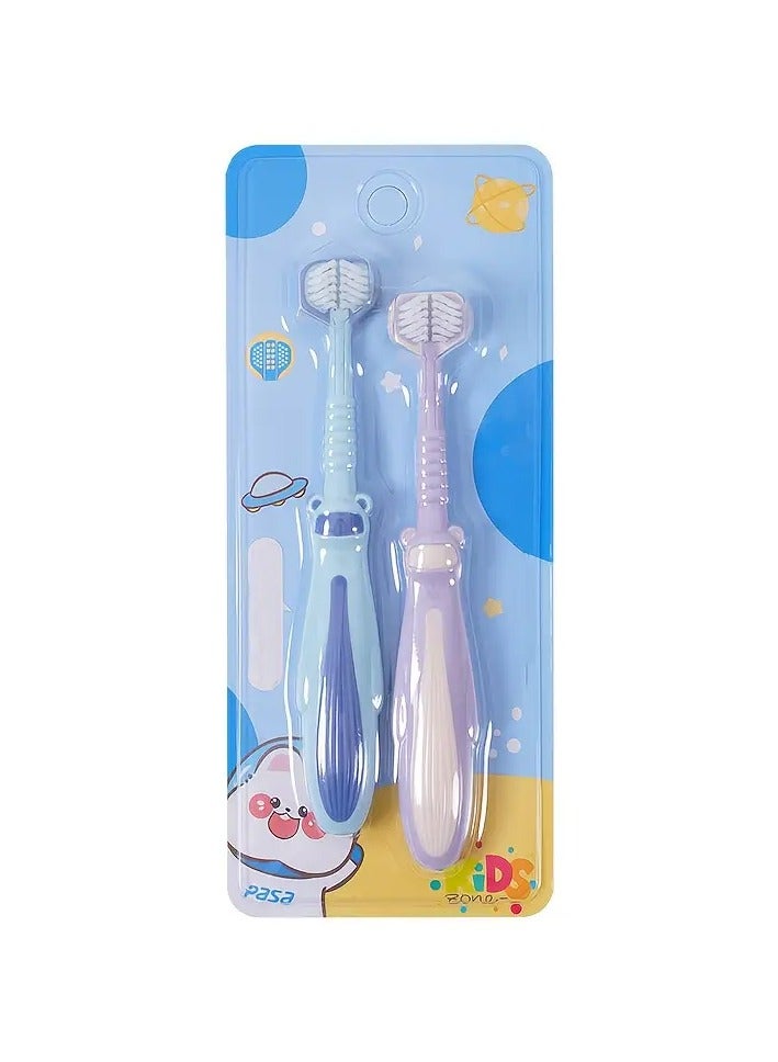 Ucanbe 2pcs 3-Sided Kids Toothbrush with Soft Bristles, Children Training Toothbrushes for Age 3+, Cute Cartoon Bear Toothbrush - Gentle on Sensitive Gums, Deep Clean for Effective Oral Care  - Image 1