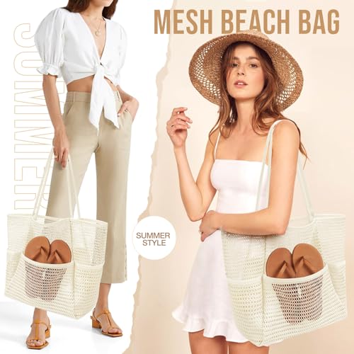 KPX Mesh Beach Bag, Tote Bag for Women Large Foldable Mesh Swimming Bag with Pockets - Sandproof, Waterproof (Beige) - Image 3