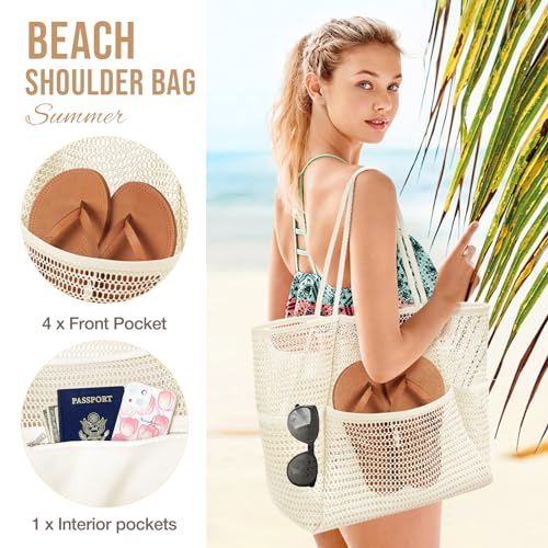 KPX Mesh Beach Bag, Tote Bag for Women Large Foldable Mesh Swimming Bag with Pockets - Sandproof, Waterproof (Beige) - Image 4