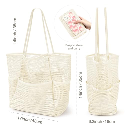 KPX Mesh Beach Bag, Tote Bag for Women Large Foldable Mesh Swimming Bag with Pockets - Sandproof, Waterproof (Beige) - Image 2