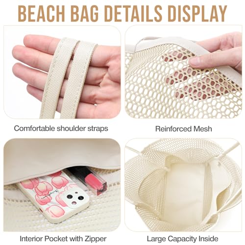 KPX Mesh Beach Bag, Tote Bag for Women Large Foldable Mesh Swimming Bag with Pockets - Sandproof, Waterproof (Beige) - Image 5