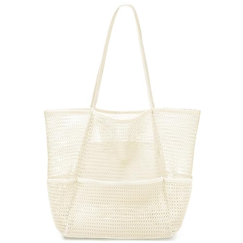 KPX Mesh Beach Bag, Tote Bag for Women Large Foldable Mesh Swimming Bag with Pockets - Sandproof, Waterproof (Beige) - Image 1