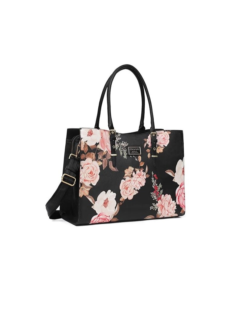 Mosiso - MOSISO Laptop Tote Bag Peony Waterproof PU Leather Travel Work Briefcase with Adjustable PU Handle - Image 1