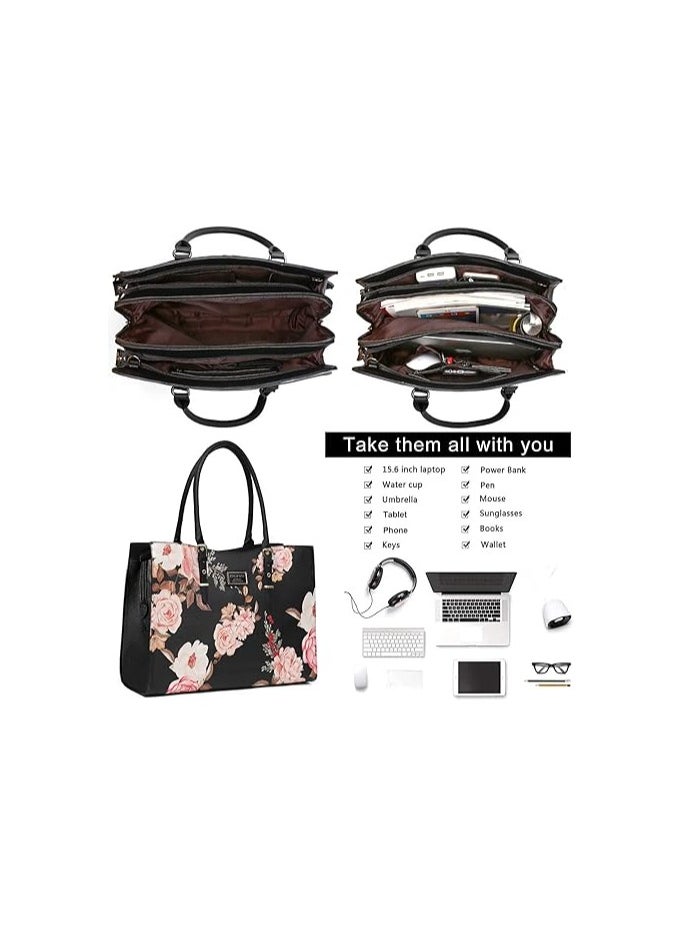 Mosiso - MOSISO Laptop Tote Bag Peony Waterproof PU Leather Travel Work Briefcase with Adjustable PU Handle - Image 1