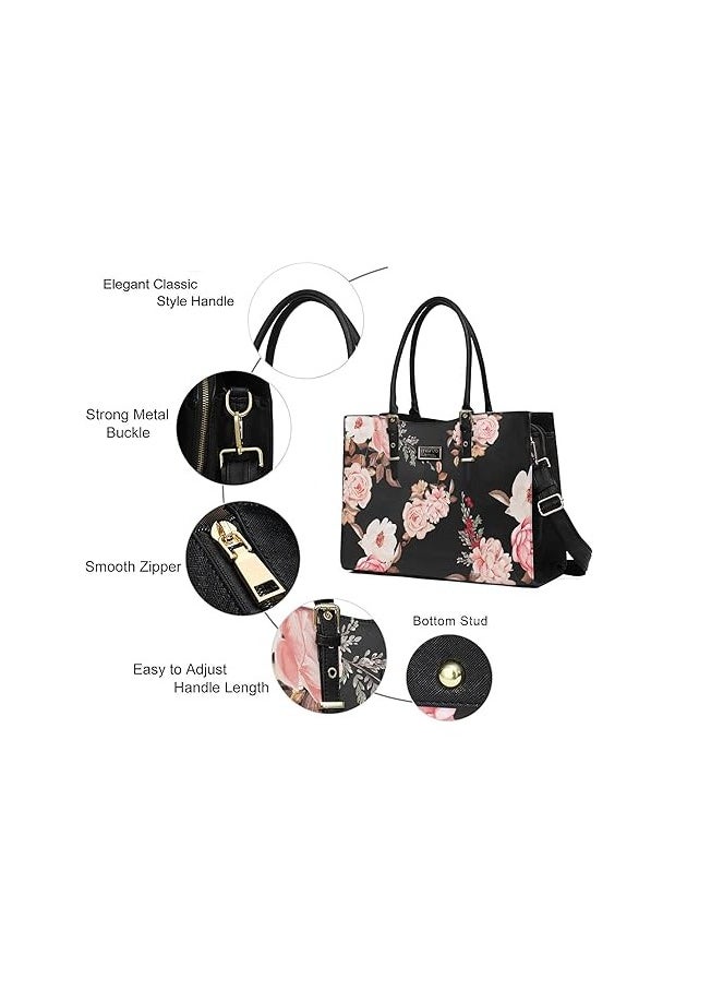 Mosiso - MOSISO Laptop Tote Bag Peony Waterproof PU Leather Travel Work Briefcase with Adjustable PU Handle - Image 1