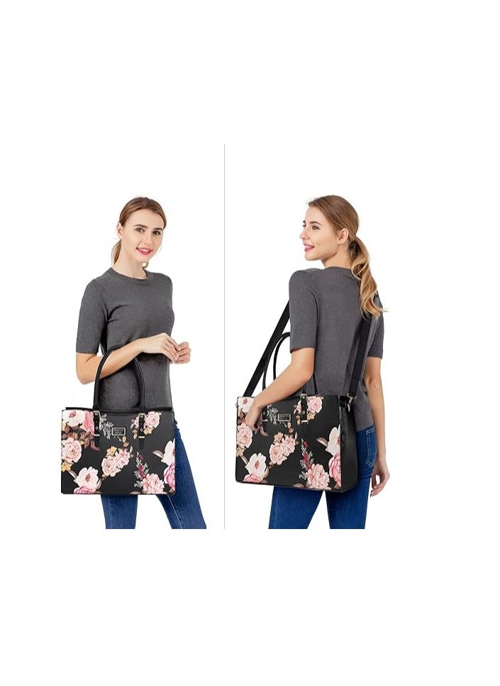 Mosiso - MOSISO Laptop Tote Bag Peony Waterproof PU Leather Travel Work Briefcase with Adjustable PU Handle - Image 1