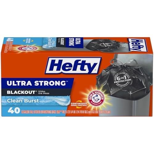Hefty Ultra Strong 13 Gallon Trash Bags, Black Tall Kitchen Trash Bags 13 Gallon Size, Break Resistant Drawstring Enclosure, Continuous Odor Control, Blackout, Clean Burst Scent, 40 Bags - Image 1