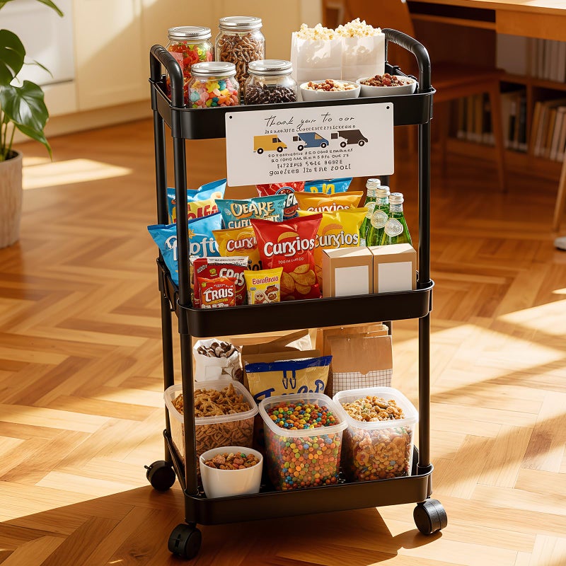 BrightRow 2 Pcs Valentine's Day Delivery Driver Snack Station Set, 3-Tier Rolling Snack Cart with Handle Wheel Thank You to Our Amazing Delivery Driver Sign for Home Office Porch Front Door(Black) - Image 4