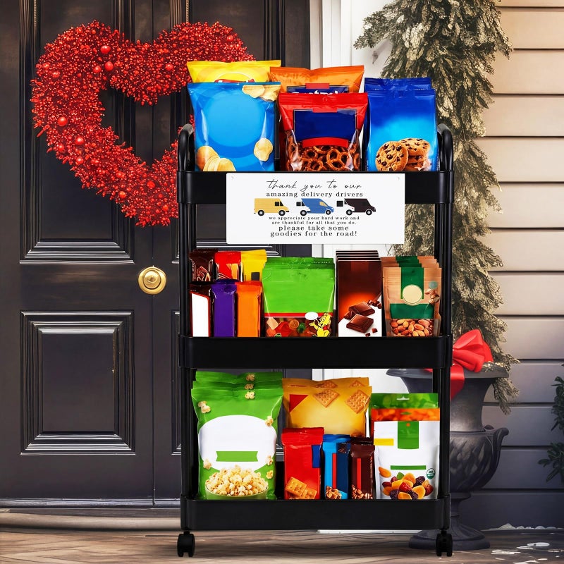BrightRow 2 Pcs Valentine's Day Delivery Driver Snack Station Set, 3-Tier Rolling Snack Cart with Handle Wheel Thank You to Our Amazing Delivery Driver Sign for Home Office Porch Front Door(Black) - Image 1