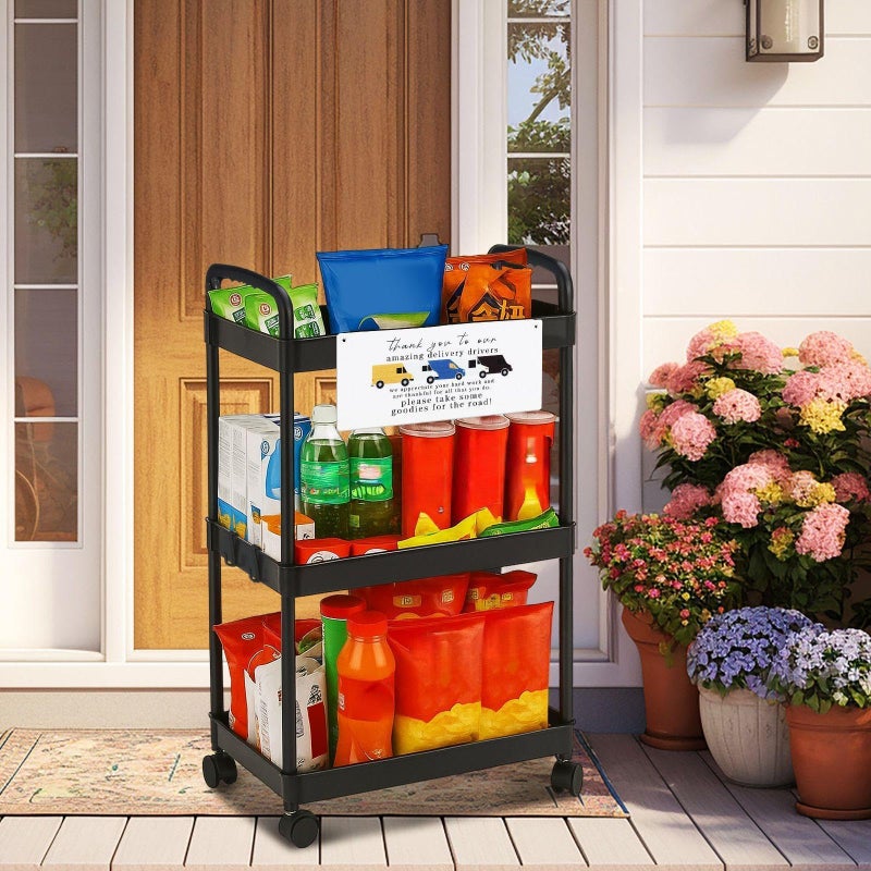 BrightRow 2 Pcs Valentine's Day Delivery Driver Snack Station Set, 3-Tier Rolling Snack Cart with Handle Wheel Thank You to Our Amazing Delivery Driver Sign for Home Office Porch Front Door(Black) - Image 5