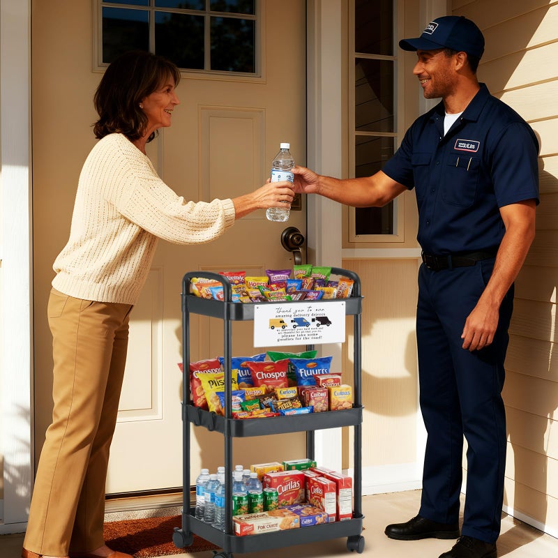 BrightRow 2 Pcs Valentine's Day Delivery Driver Snack Station Set, 3-Tier Rolling Snack Cart with Handle Wheel Thank You to Our Amazing Delivery Driver Sign for Home Office Porch Front Door(Black) - Image 3