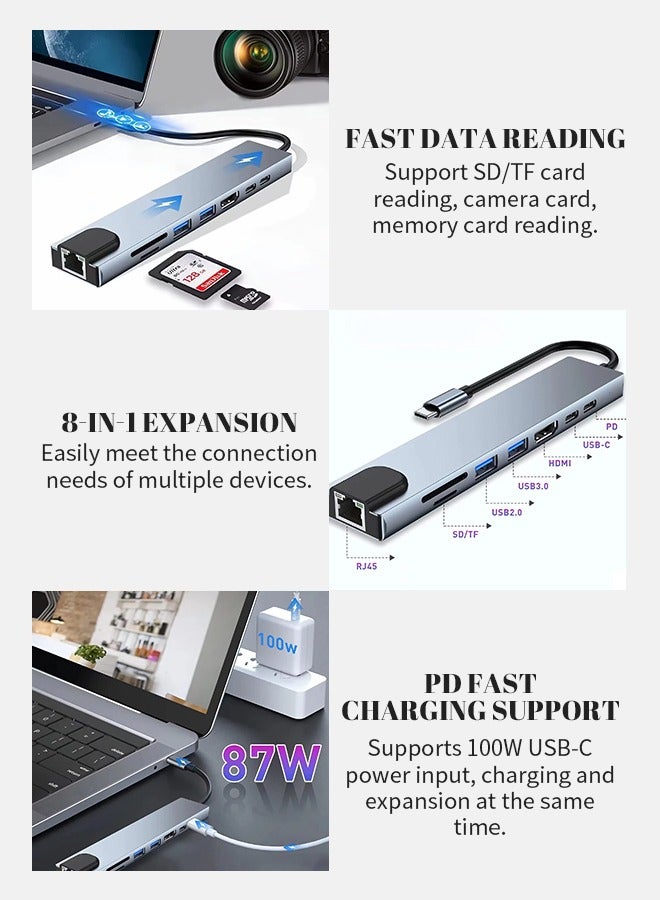 USB-C 8-in-1 Docking Station, HDMI 4K, RJ45 Network Port, USB3.0/2.0, PD Fast Charge, SD/TF Card Reader, Type-C Multi-Function Hub, Suitable for MacBook, iPad, Huawei, Samsung, etc - Image 3