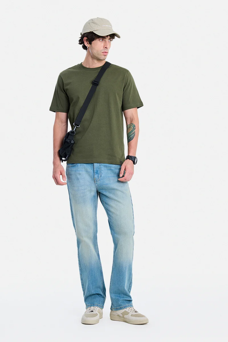 سنيتش Olive Solid Half Sleeve Regular Fit Casual T-Shirt