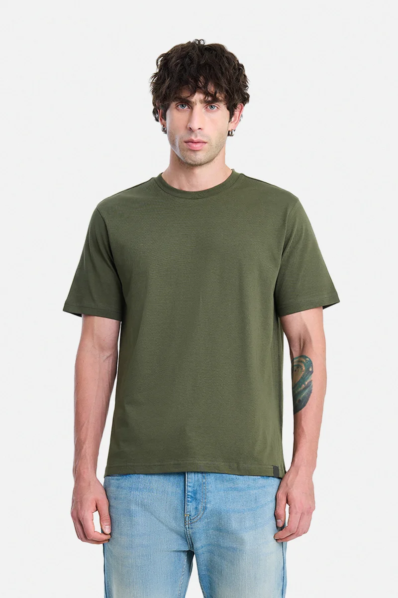 SNITCH Olive Olive Solid Half Sleeve Regular Fit Casual T-Shirt for Men | Best Price UAE
