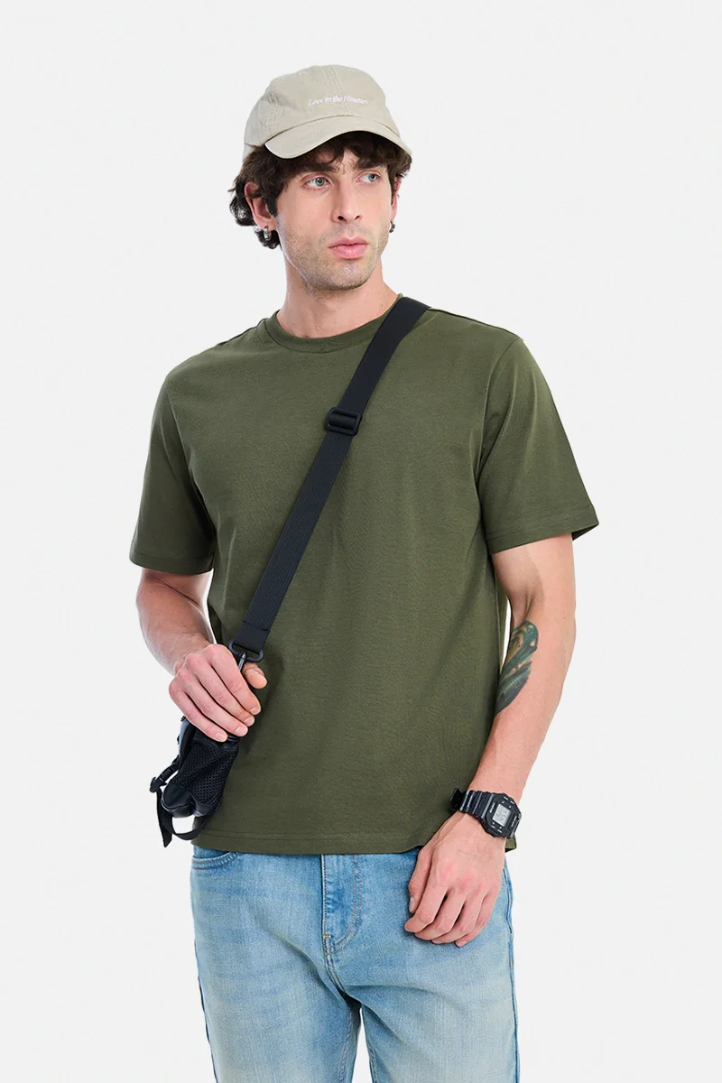 سنيتش Olive Solid Half Sleeve Regular Fit Casual T-Shirt