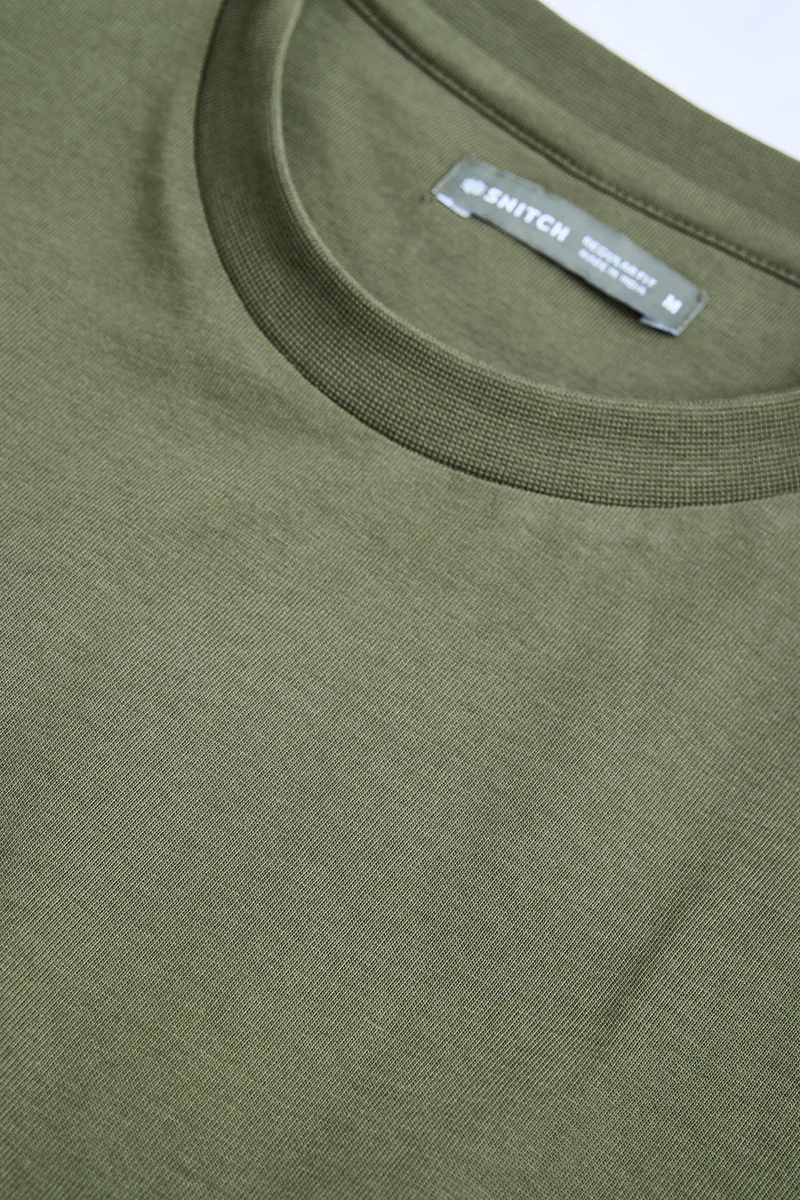 SNITCH Olive Olive Solid Half Sleeve Regular Fit Casual T-Shirt for Men | Best Price UAE